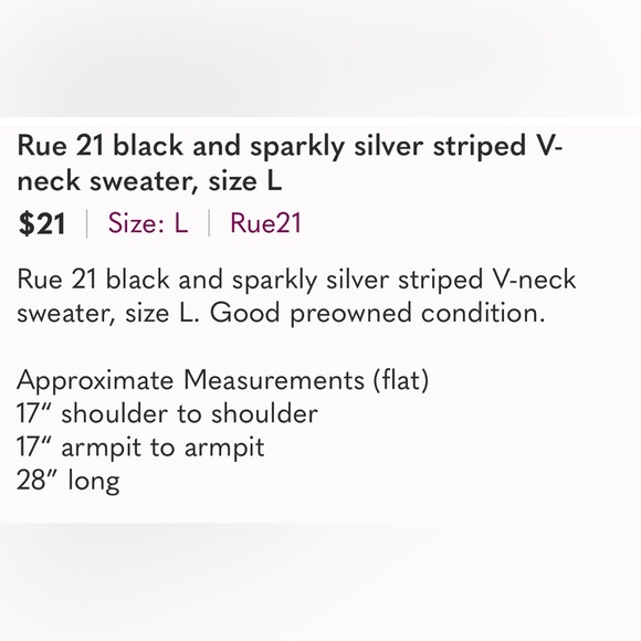 Rue 21 black and sparkly silver striped V-neck sweater, size L - Picture 6 of 6